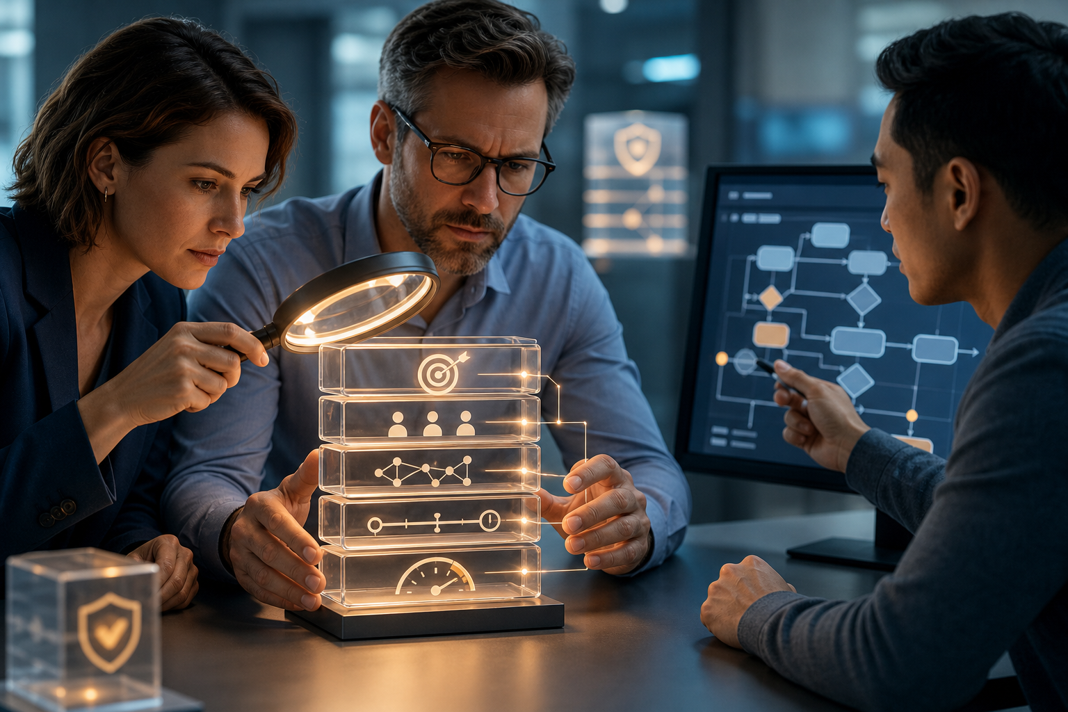 A salesperson and technical specialist inspect a transparent service commitment while a delivery professional connects it to a workflow.