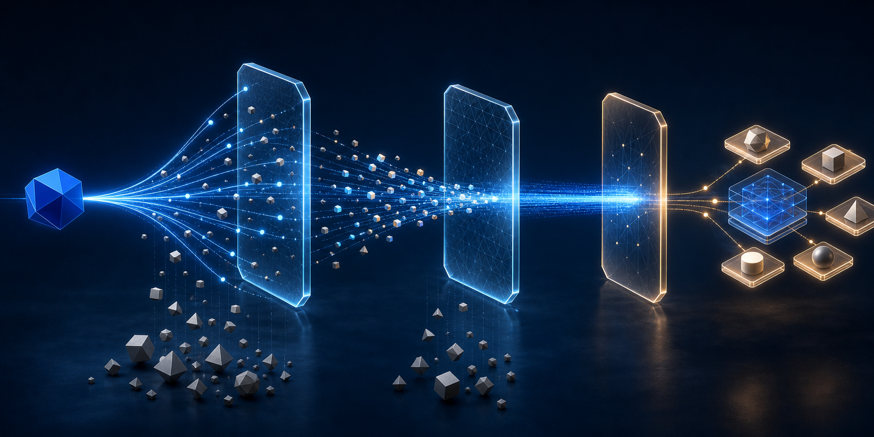 A blue geometric object passes through three illuminated selection gates while gray objects fall away at different stages.