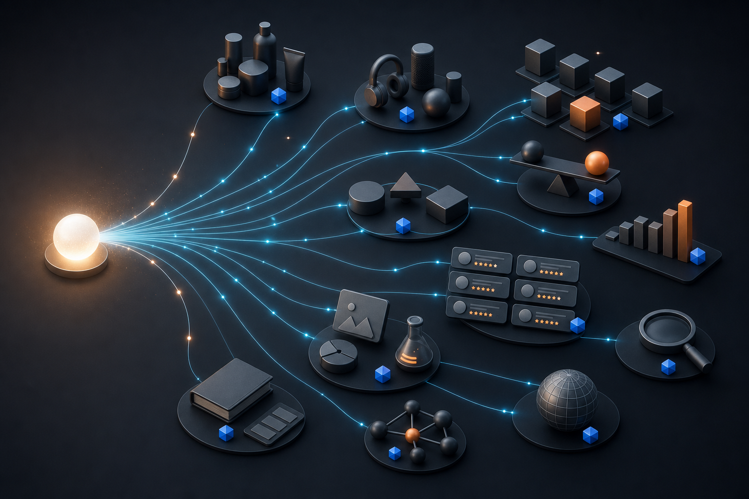 A glowing sphere branches into many paths leading to clusters of generic products and evidence tiles, with a blue marker appearing in several clusters.