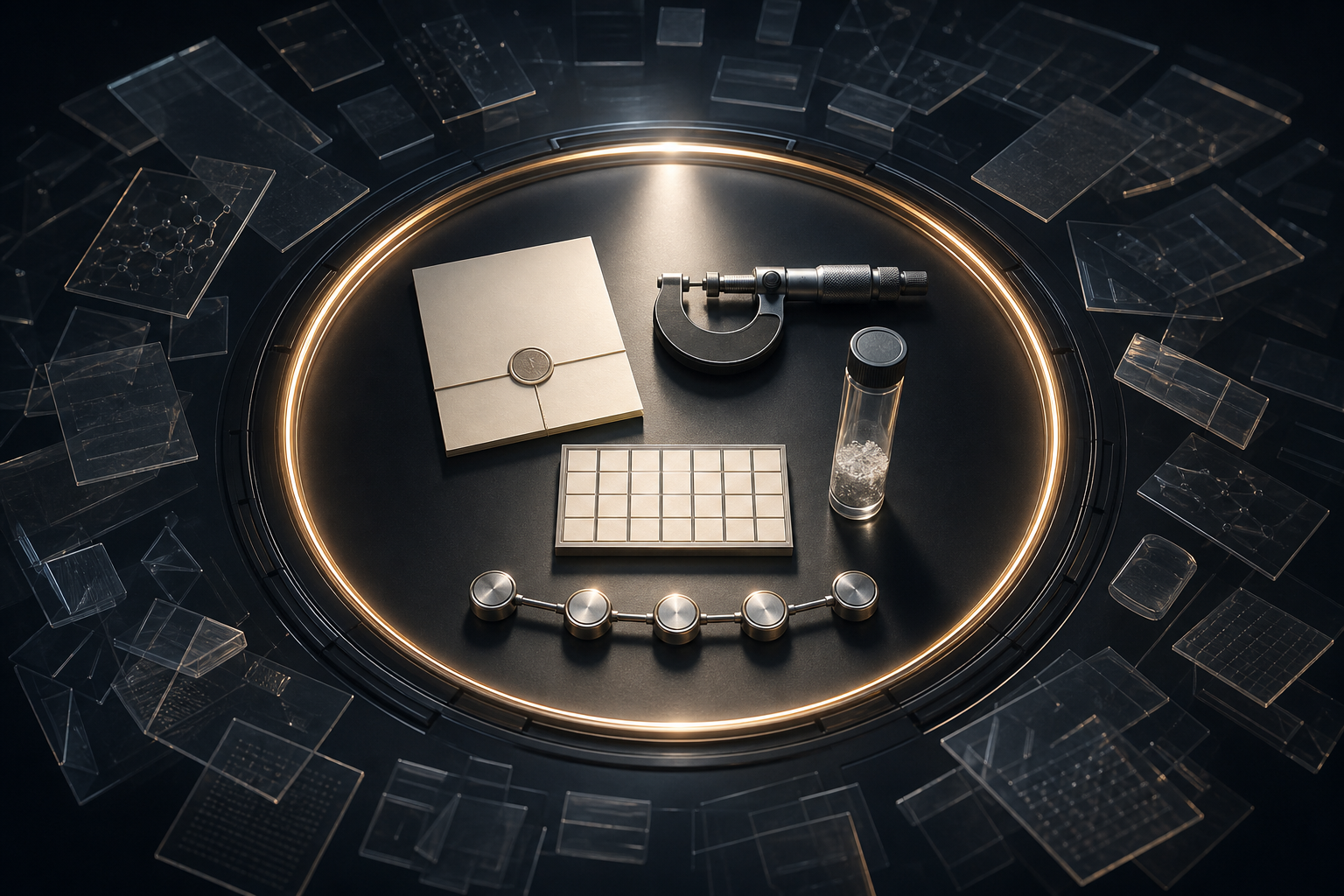 Verified evidence objects pass through a glowing selection aperture while vague and duplicate source fragments remain outside.