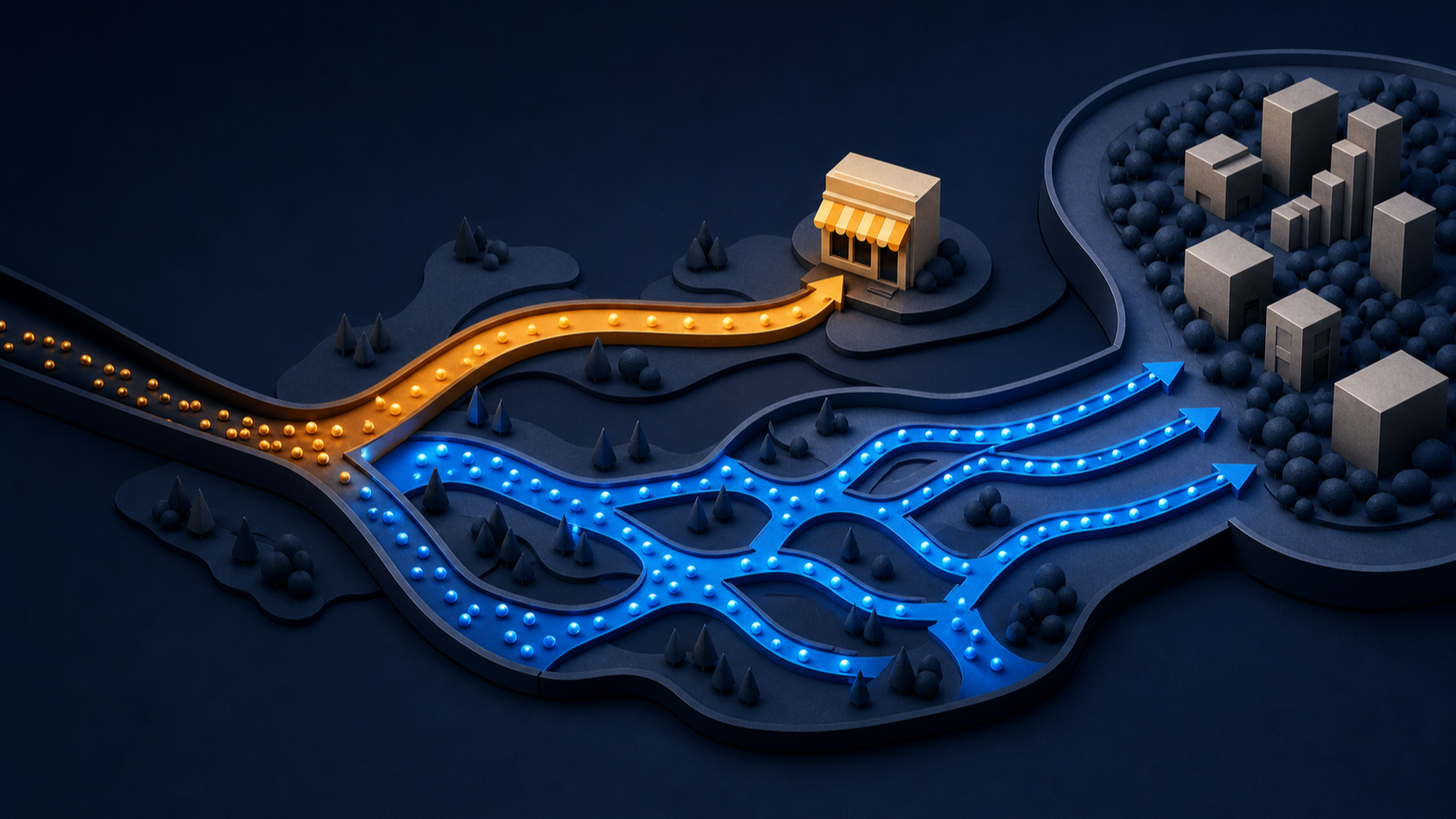 An abstract paid search system splits glowing traffic into a short amber route toward a familiar business and a wider blue route that creates new paths to the same destination.