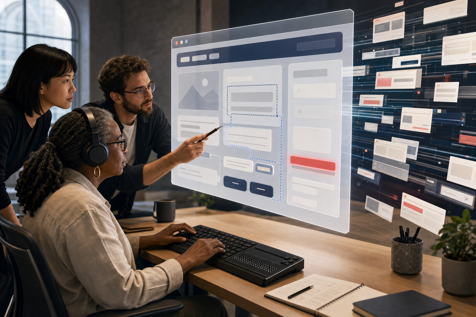An accessibility specialist tests a floating website interface with a keyboard, headphones, and a braille display while a designer and engineer review it.
