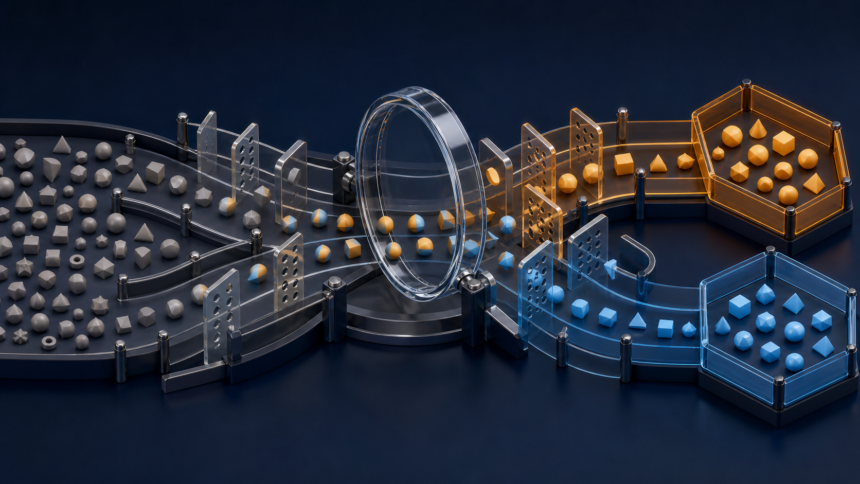 A magnifying-lens gateway and layered filters sort abstract search tokens into separate amber and blue campaign channels.