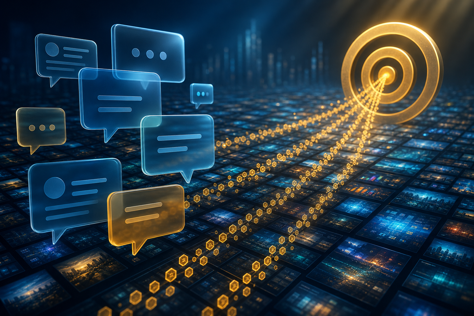 Abstract speech bubbles, media tiles and streams of glowing tokens converge toward a large golden target.