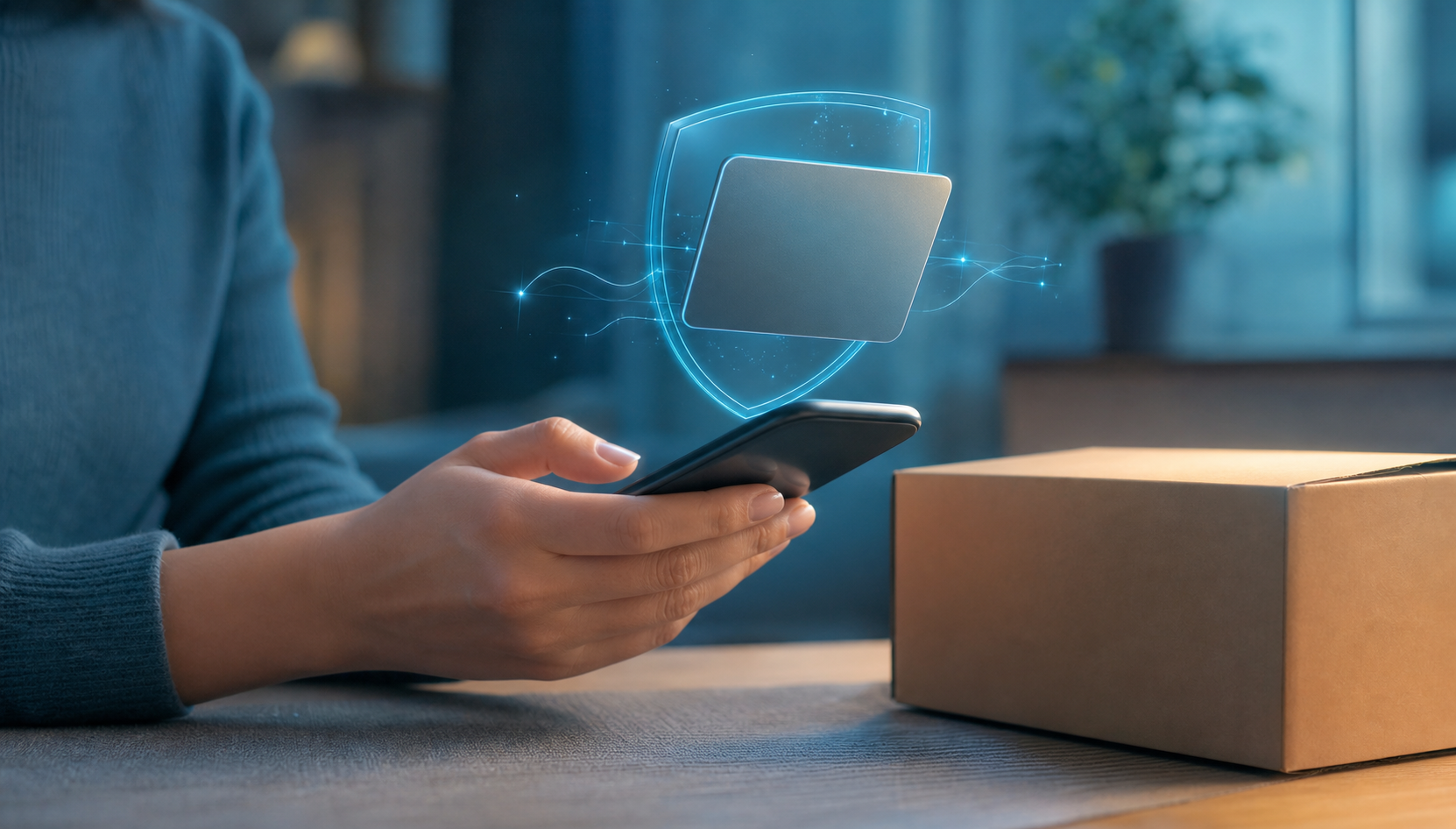 A shopper uses a phone to check out with a generic virtual payment card protected by a translucent shield.