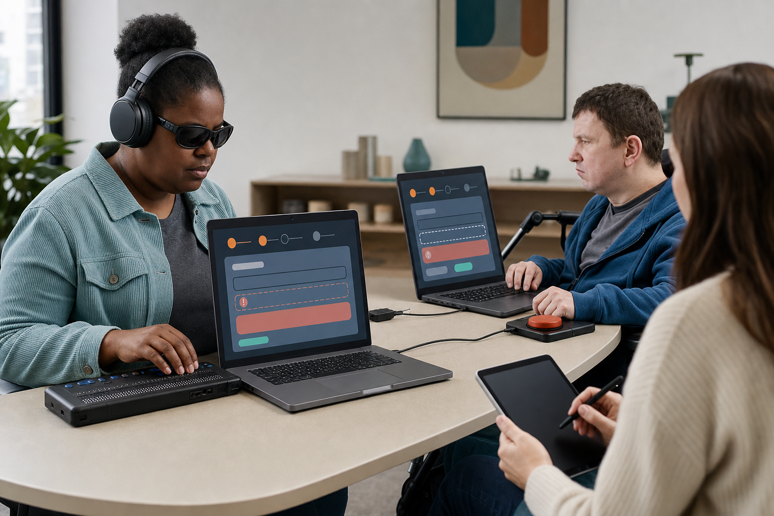 Two usability participants test abstract web forms using a braille display, keyboard, headphones, and an adaptive switch while a researcher observes.