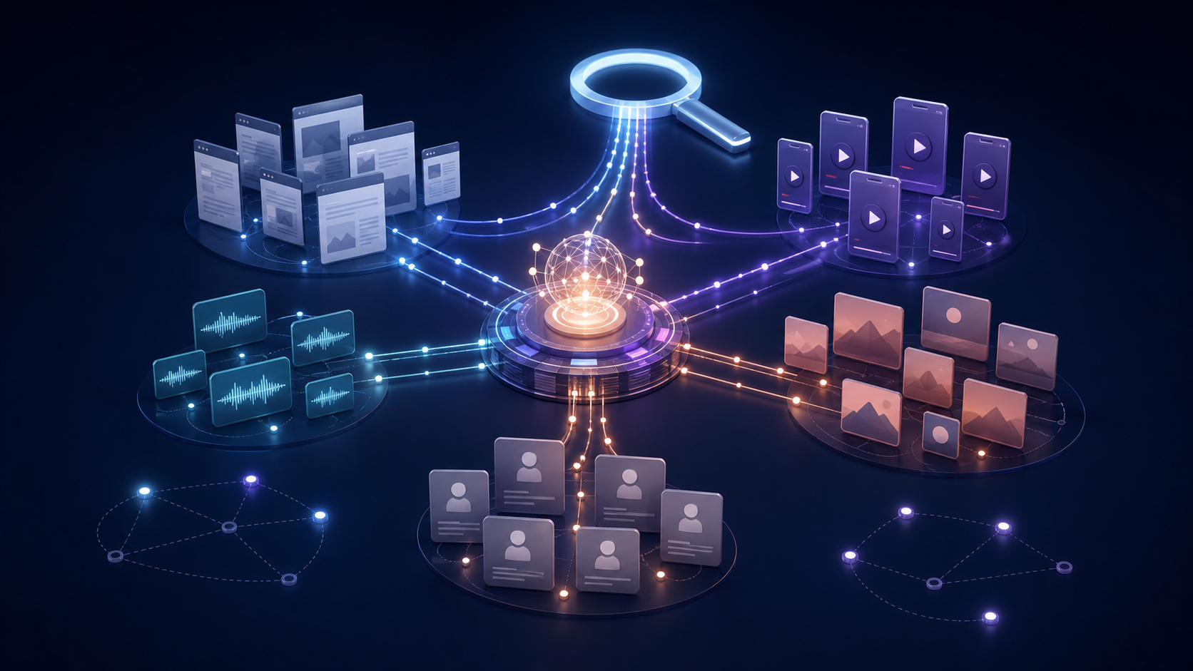 A central glowing hub connects organized clusters of generic web pages, video frames, image tiles, audio tiles, and profile cards leading toward a magnifying-glass-shaped portal.
