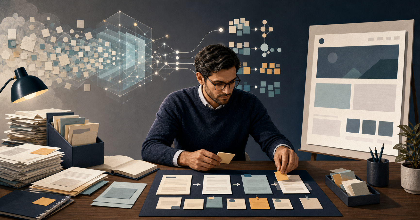 A strategist organizes source documents at a desk while an abstract digital system sorts information in the background before a web page is approved.