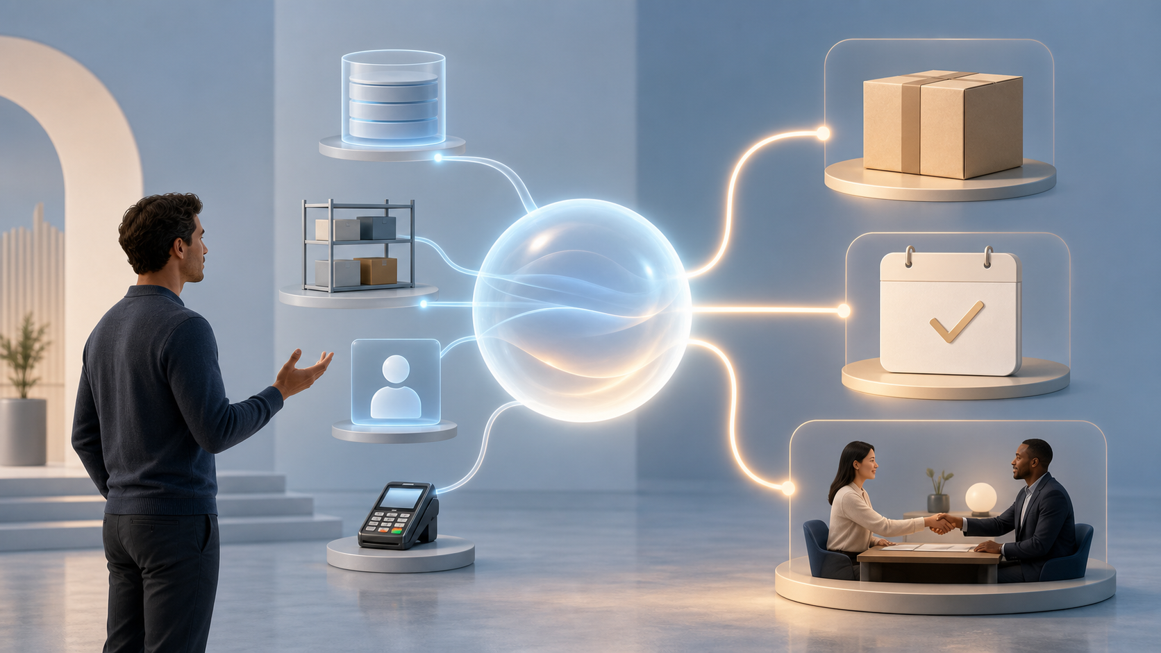 A customer converses with a glowing digital agent connected to a product, an appointment, a staff handoff and several business systems.