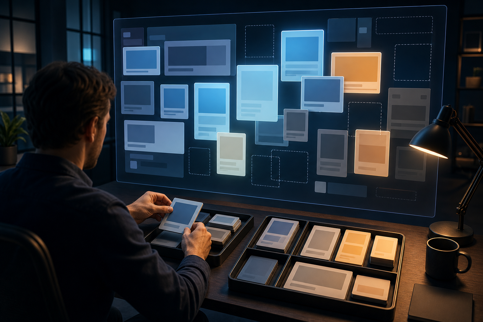 An analyst sorts generic content tiles while viewing web page, video, image, and profile cards arranged across a translucent discovery field.