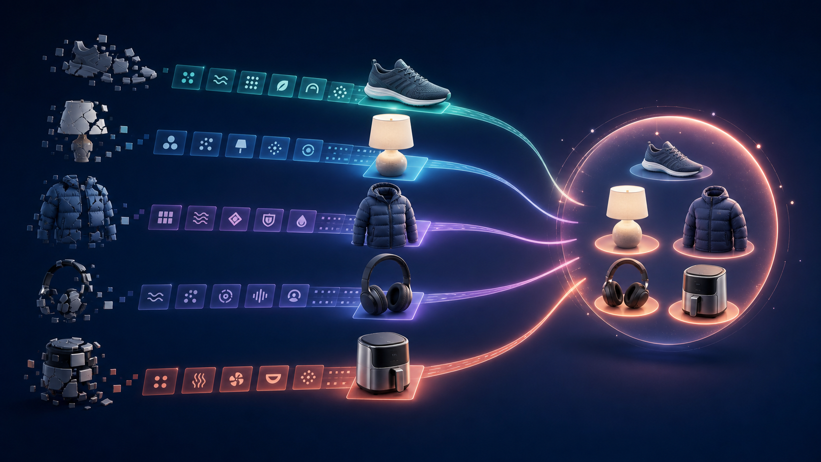 Generic consumer products travel along a luminous data pathway toward a curated AI shopping selection, while incomplete product records remain outside it.