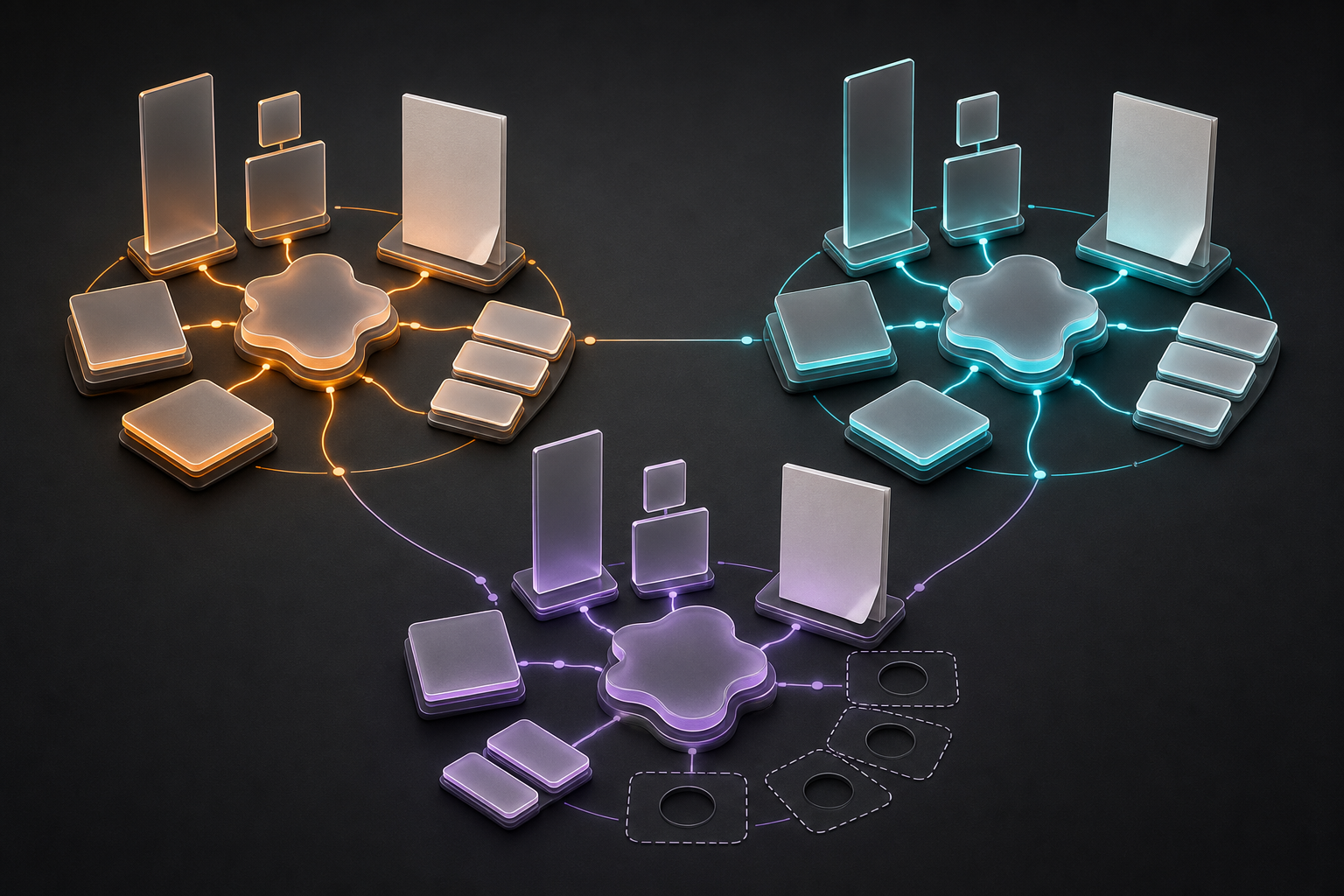 Three organized clusters of blank page panels, video frames, visual tiles, and answer cards connect around central nodes on a dark surface.