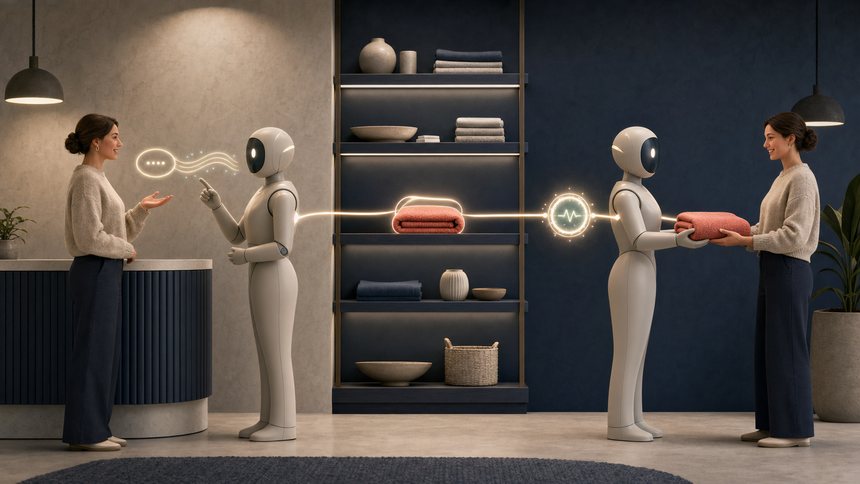 A customer request follows one connected path through a digital assistant, product selection, availability check and completed handoff.