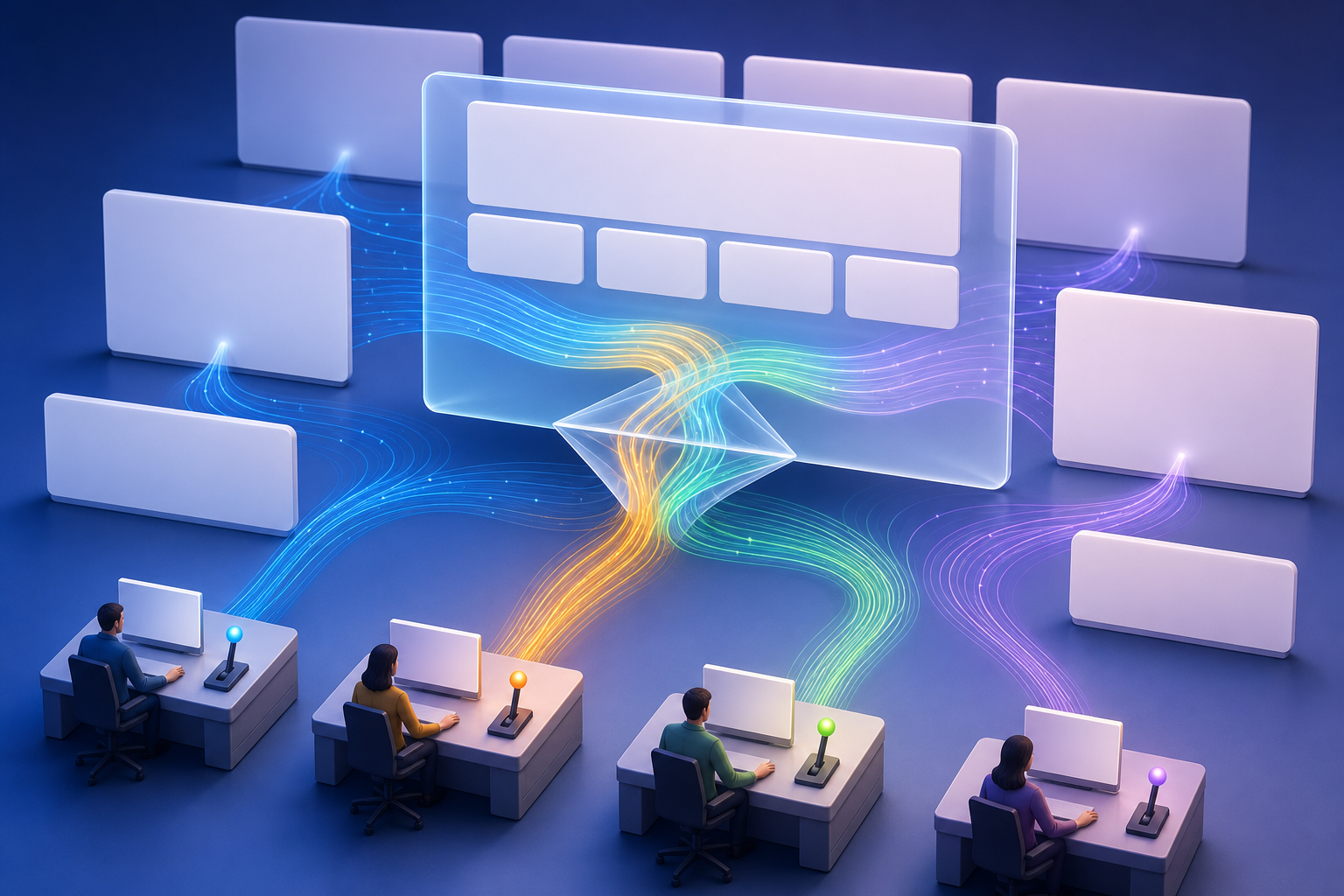 A translucent summary panel receives colored information threads from blank web pages and publisher desks through a clear prism.