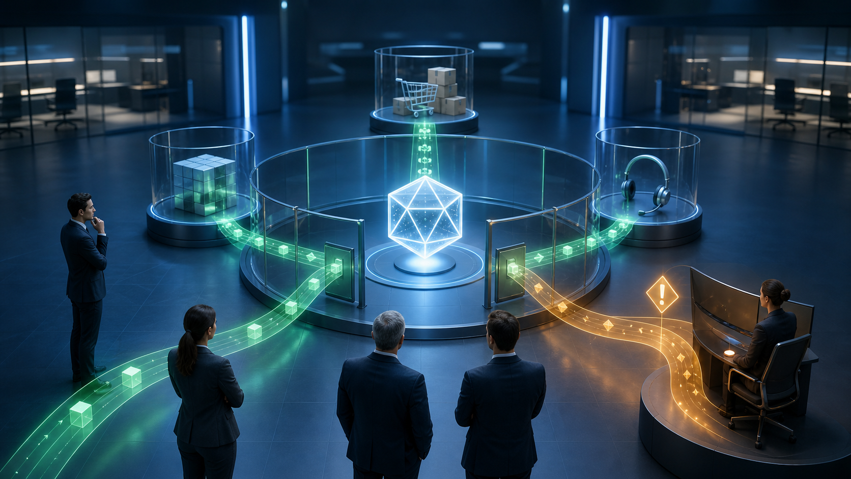 A business team monitors a digital agent as routine actions proceed through safeguards and an uncertain request is routed to a human specialist.