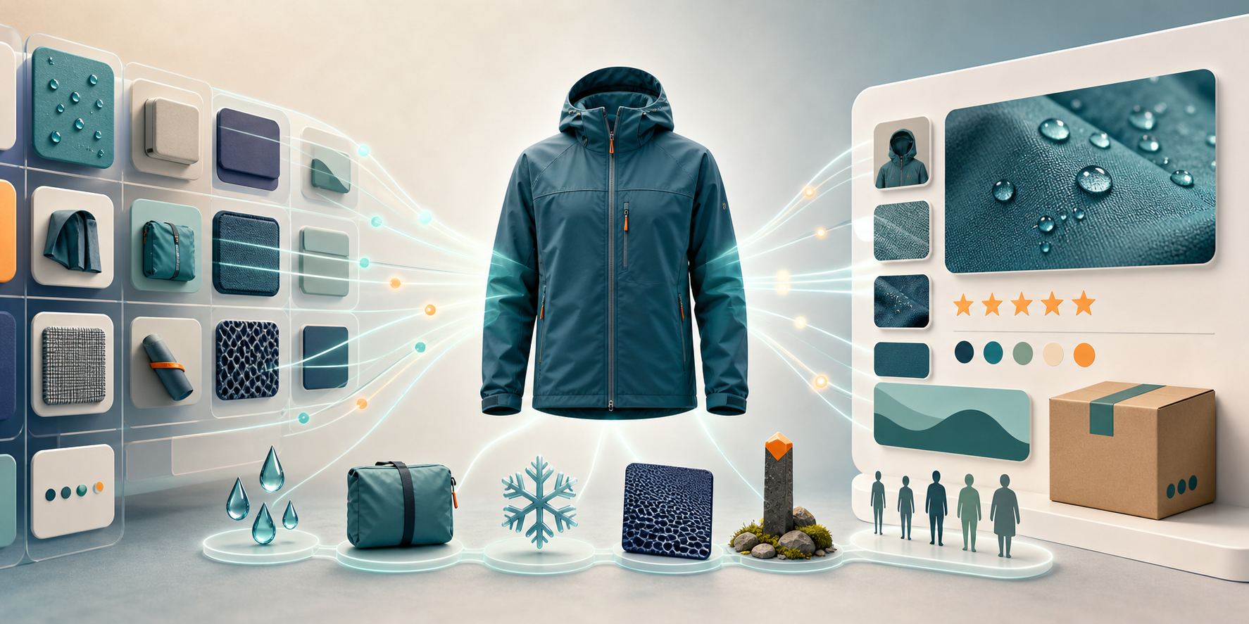 A rain jacket is connected to contextual buying attributes, an organized product feed, and a product page through one luminous discovery pathway.
