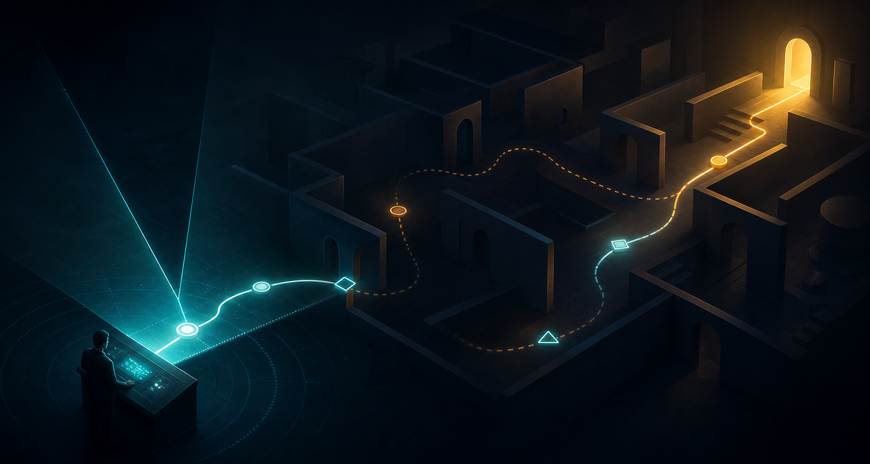 A winding path to an illuminated doorway passes through walls and shadows while an analytics console detects only a few glowing segments.