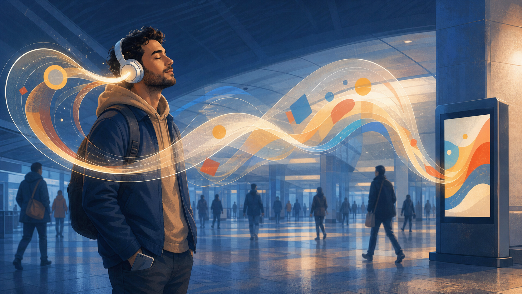 A commuter listens through headphones while colorful sound ribbons lead toward a small screen showing matching abstract shapes.