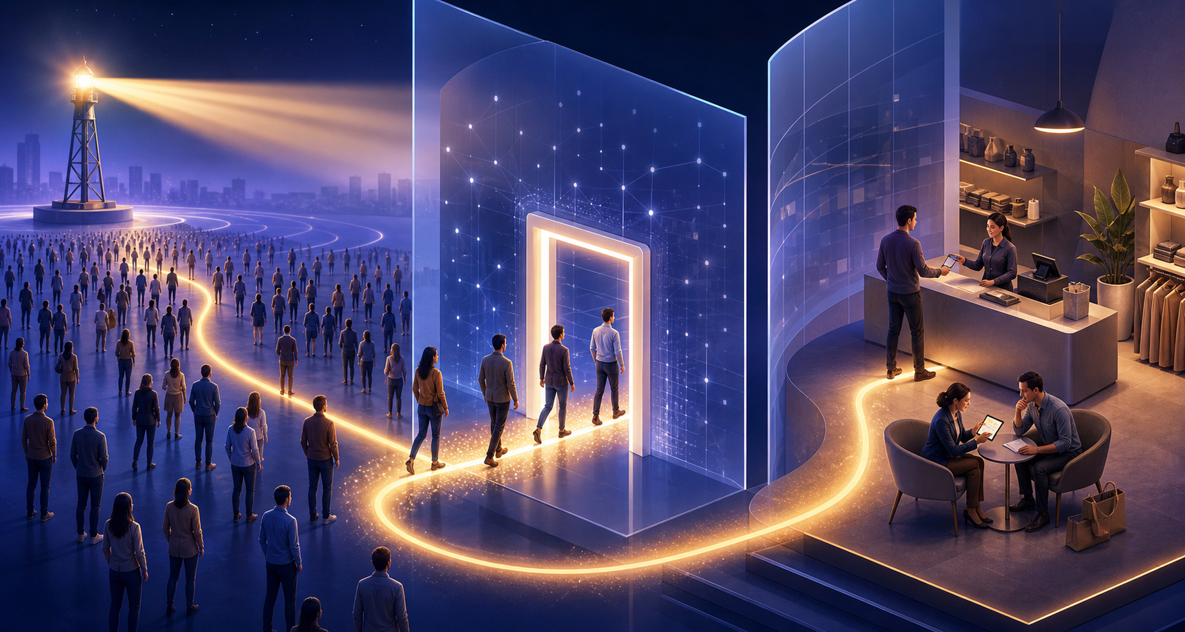 Three connected spaces show a beacon reaching a crowd, visitors entering a corridor, and customers completing purchases and consultations.