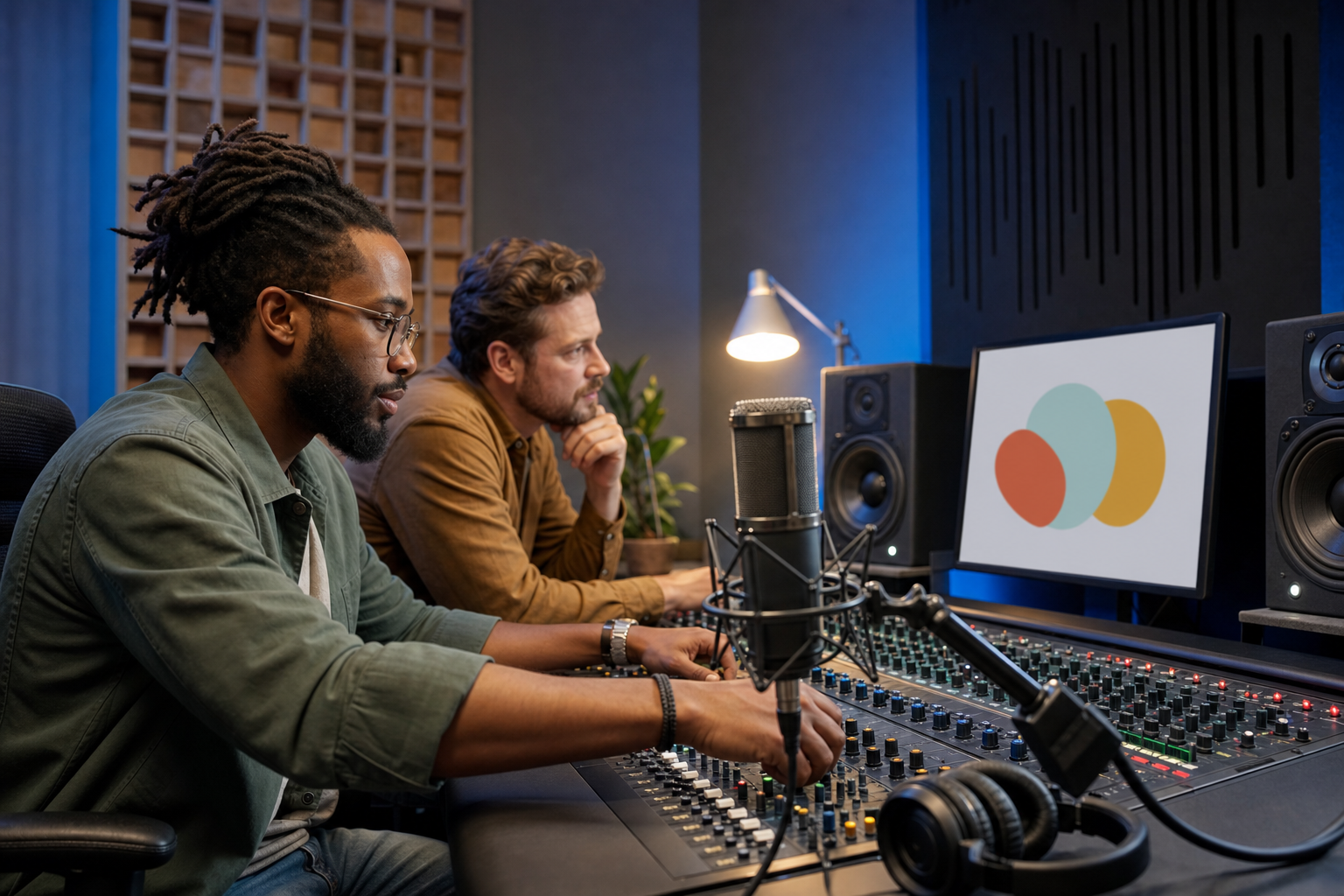 A sound engineer and creative director work in a studio with a microphone, mixing console, speakers, and a monitor showing simple abstract shapes.