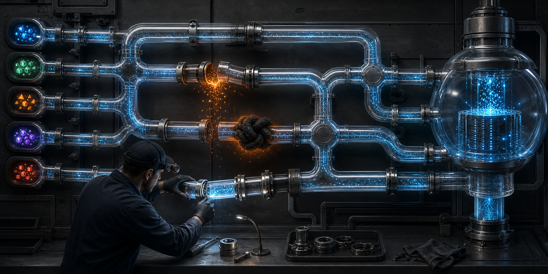 A technician repairs loose and blocked connections in transparent pipes carrying glowing signals toward a central customer-record hub.