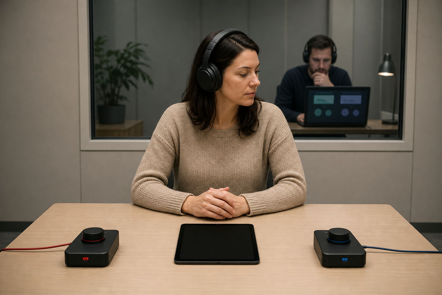 A listener wearing headphones participates in a controlled comparison of two audio ad versions while an observer monitors the session.