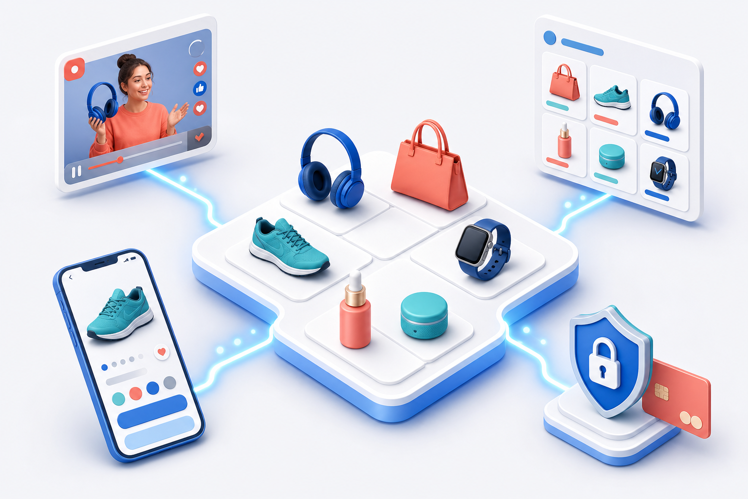 Product tiles in a central digital catalog connect to live video, personalized shopping placements, a mobile product page, and secure checkout.