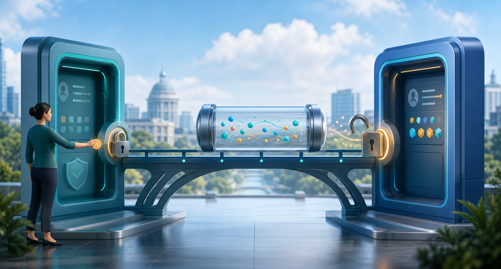 A transparent capsule of abstract data travels across a secure bridge between two digital service terminals.