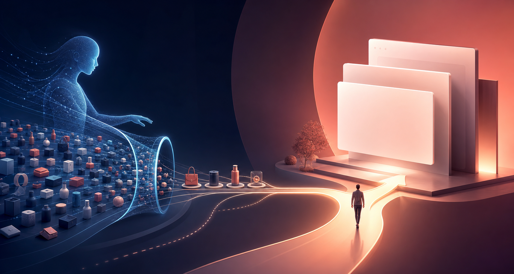 Editorial illustration of an AI system narrowing many choices before guiding a buyer along a path to a website.