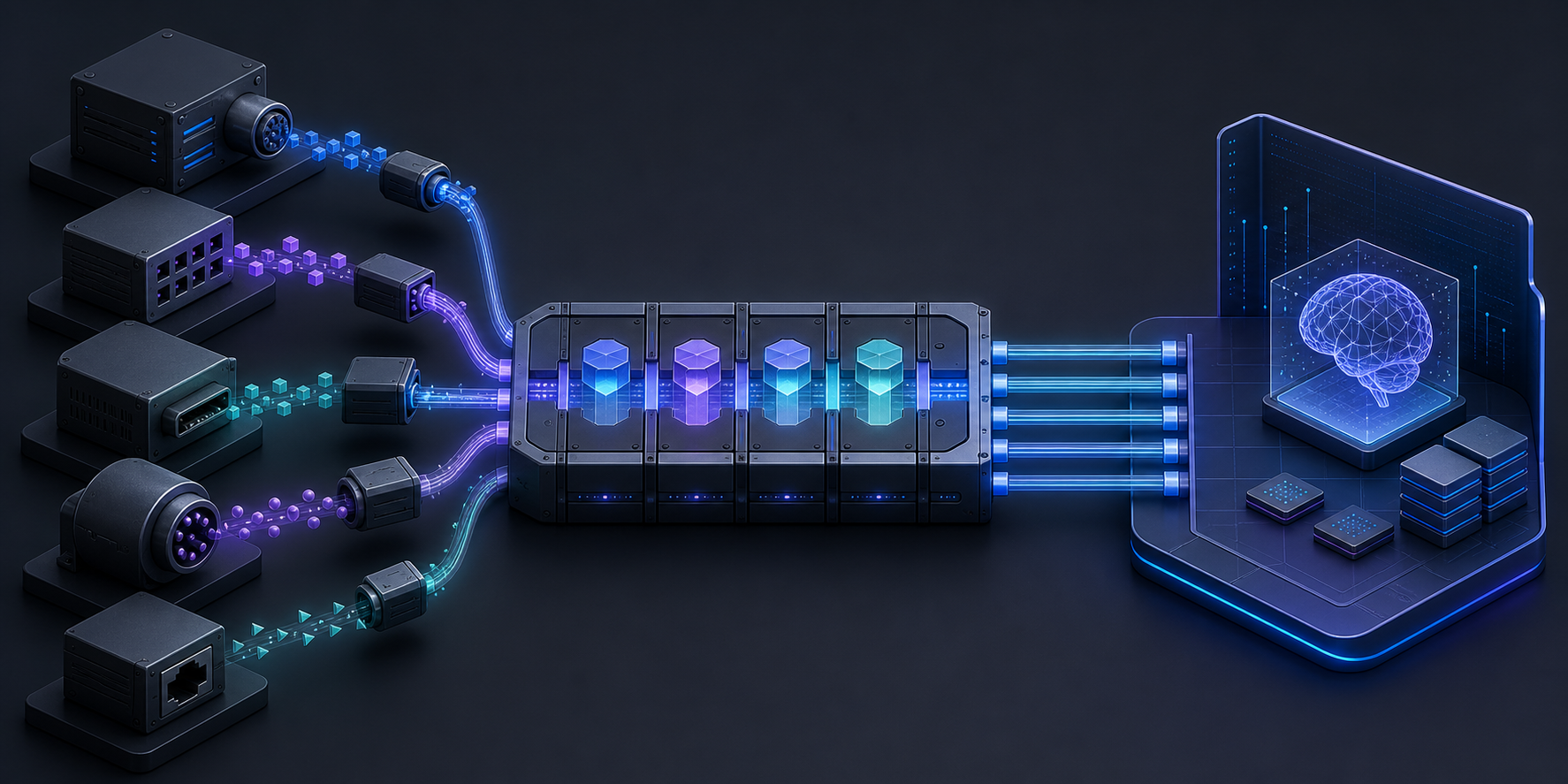 Different digital systems connect through a standardized bridge to a single AI workspace.