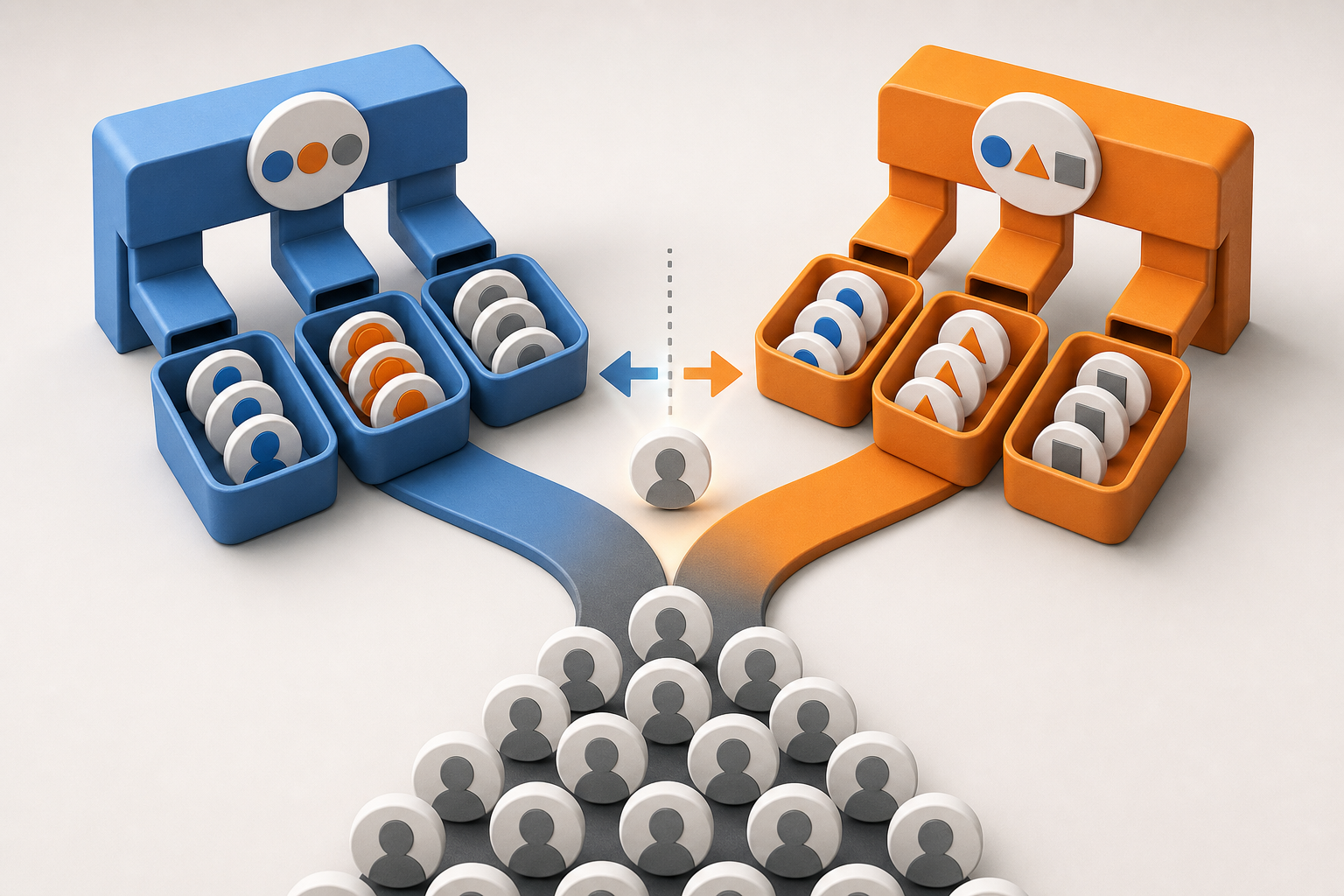 Two classification systems route the same anonymous audience profiles into different groups.