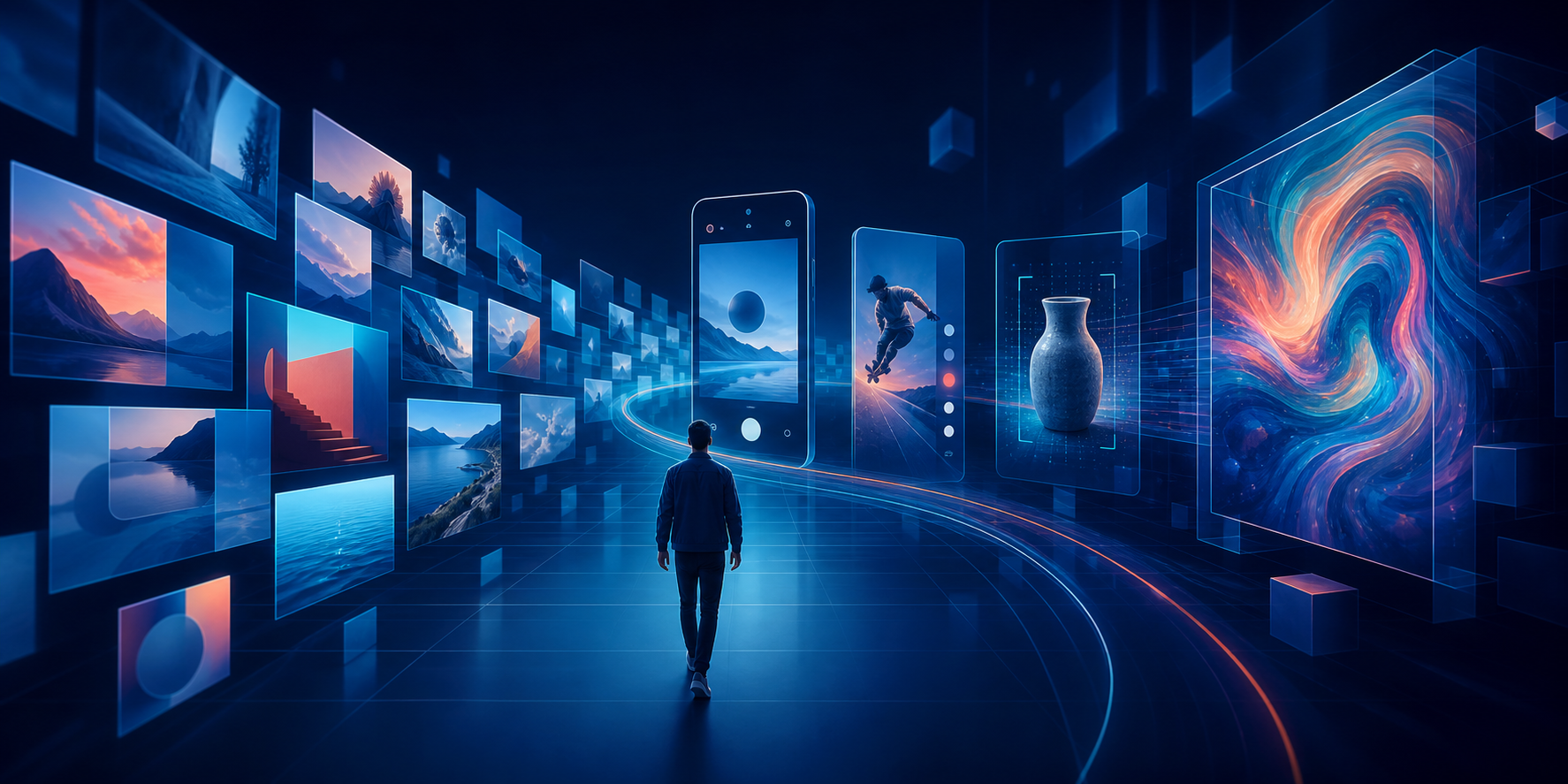 A person follows a path through floating image, camera, video, object-recognition, and generative visual interfaces.