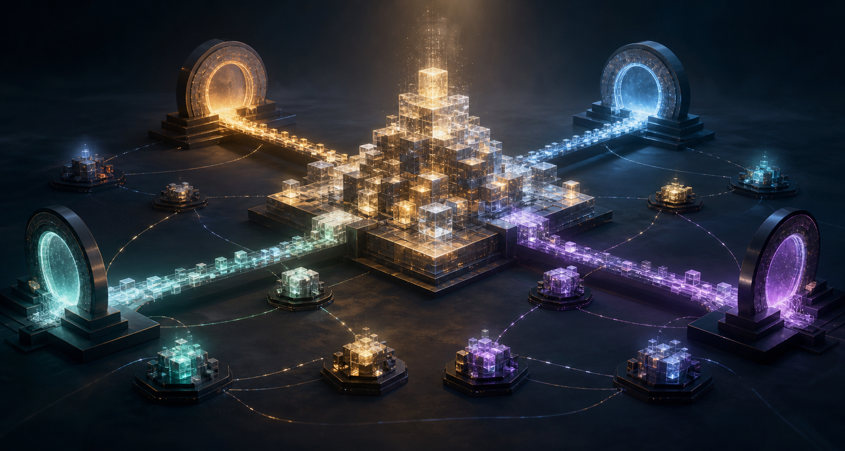 A luminous structure of knowledge blocks connects through layered filters to several abstract search portals and source nodes.