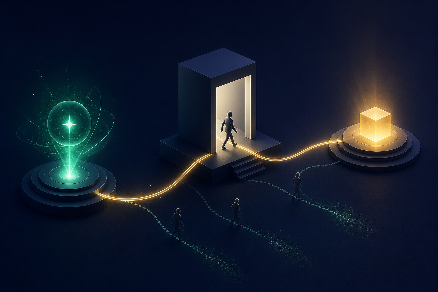 Three linked visual stages show an AI recommendation, a visitor arriving at a website, and a completed outcome.