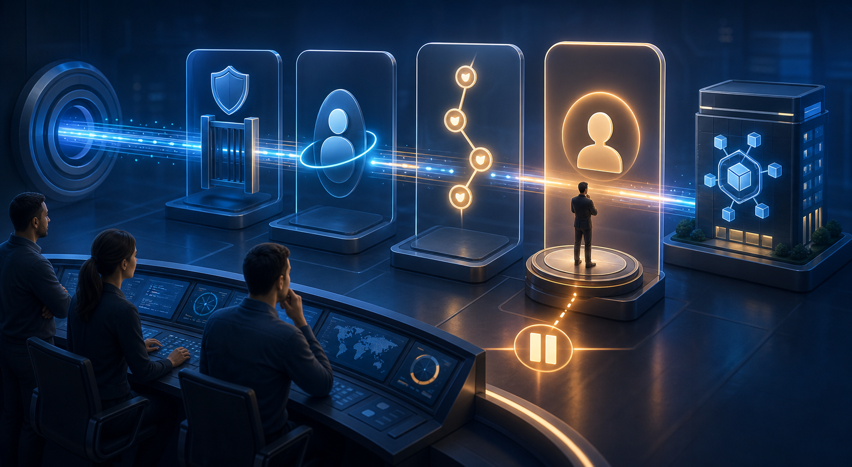 A digital connector workflow passes through permission, identity, audit, and human approval checkpoints while a team monitors it.