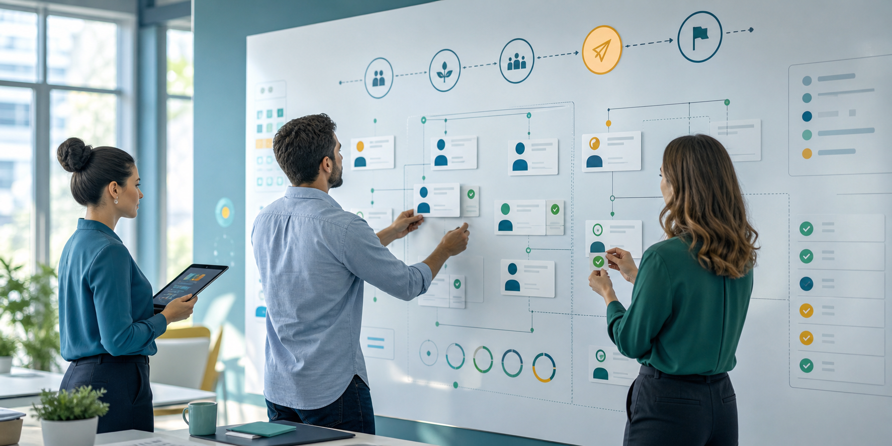 A marketing team reviews and reorganizes unlabeled audience cards on a digital workspace.