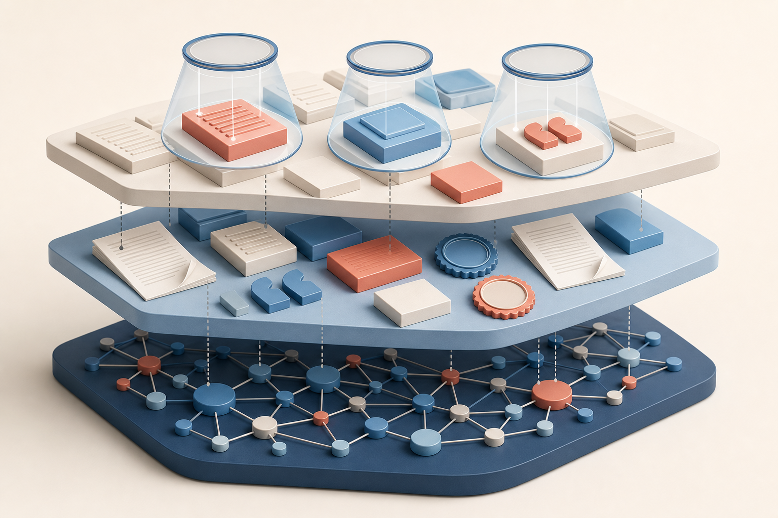 A cutaway illustration shows a source network, modular content blocks, and selection lenses arranged in three layers.