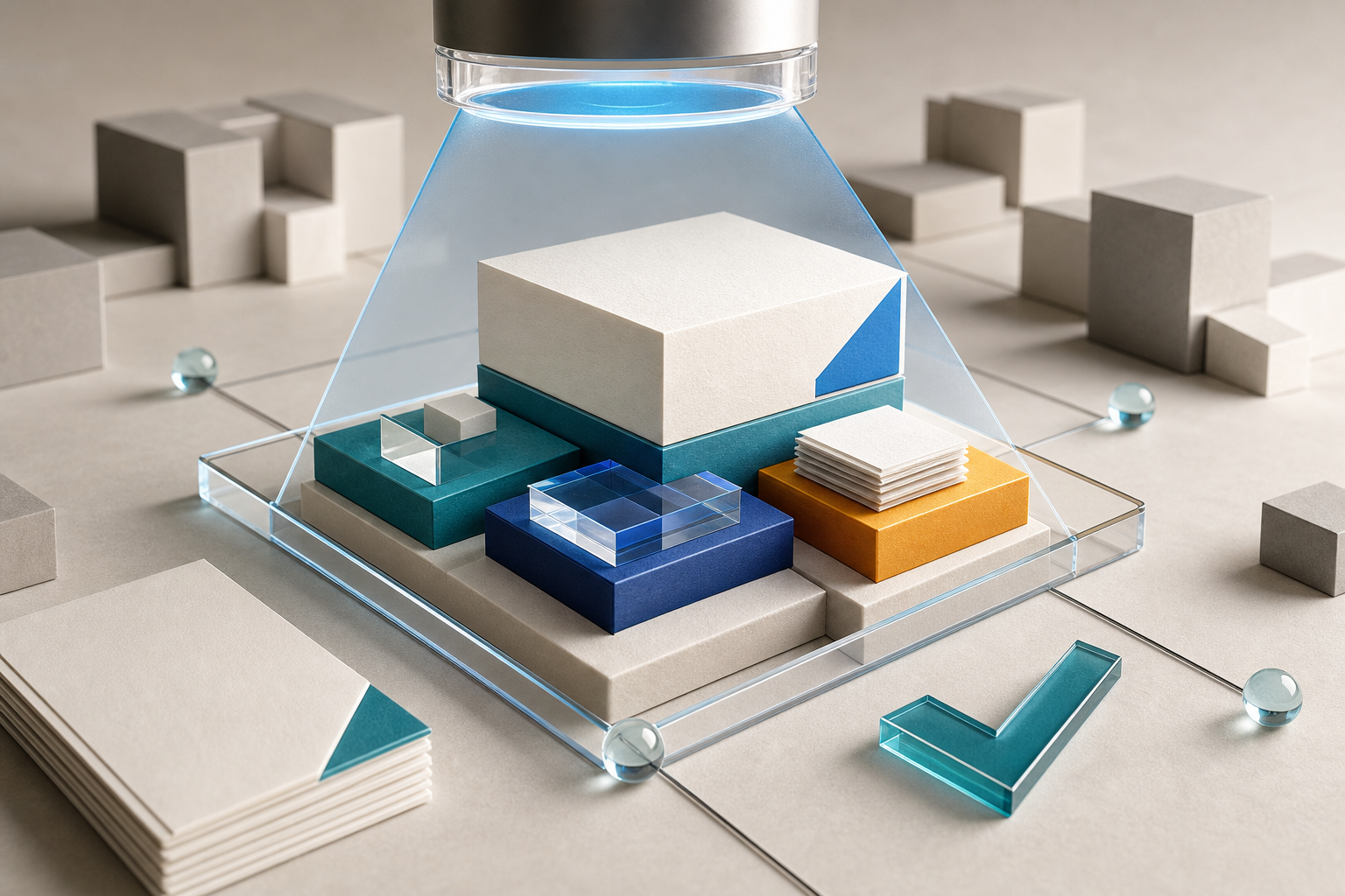 A modular claim block is supported by source, context, and constraint pieces while a scanning beam isolates it from surrounding blocks.