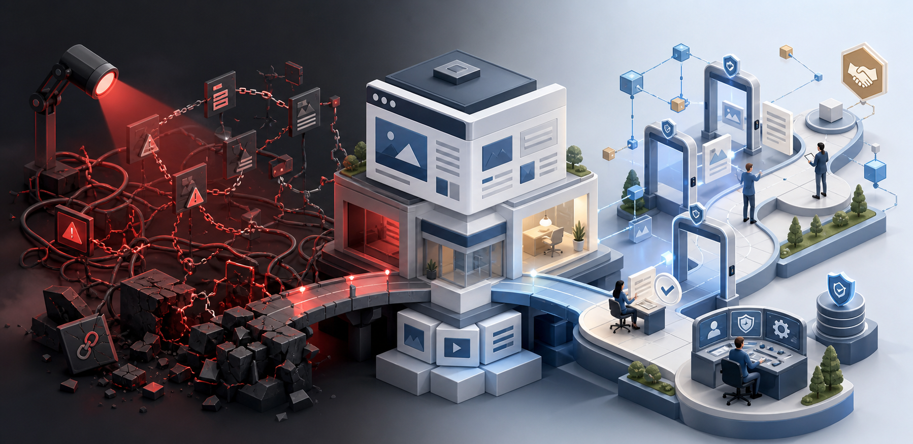 Conceptual illustration of a website moving from tangled compliance risks under red inspection light toward orderly review controls and recovery.