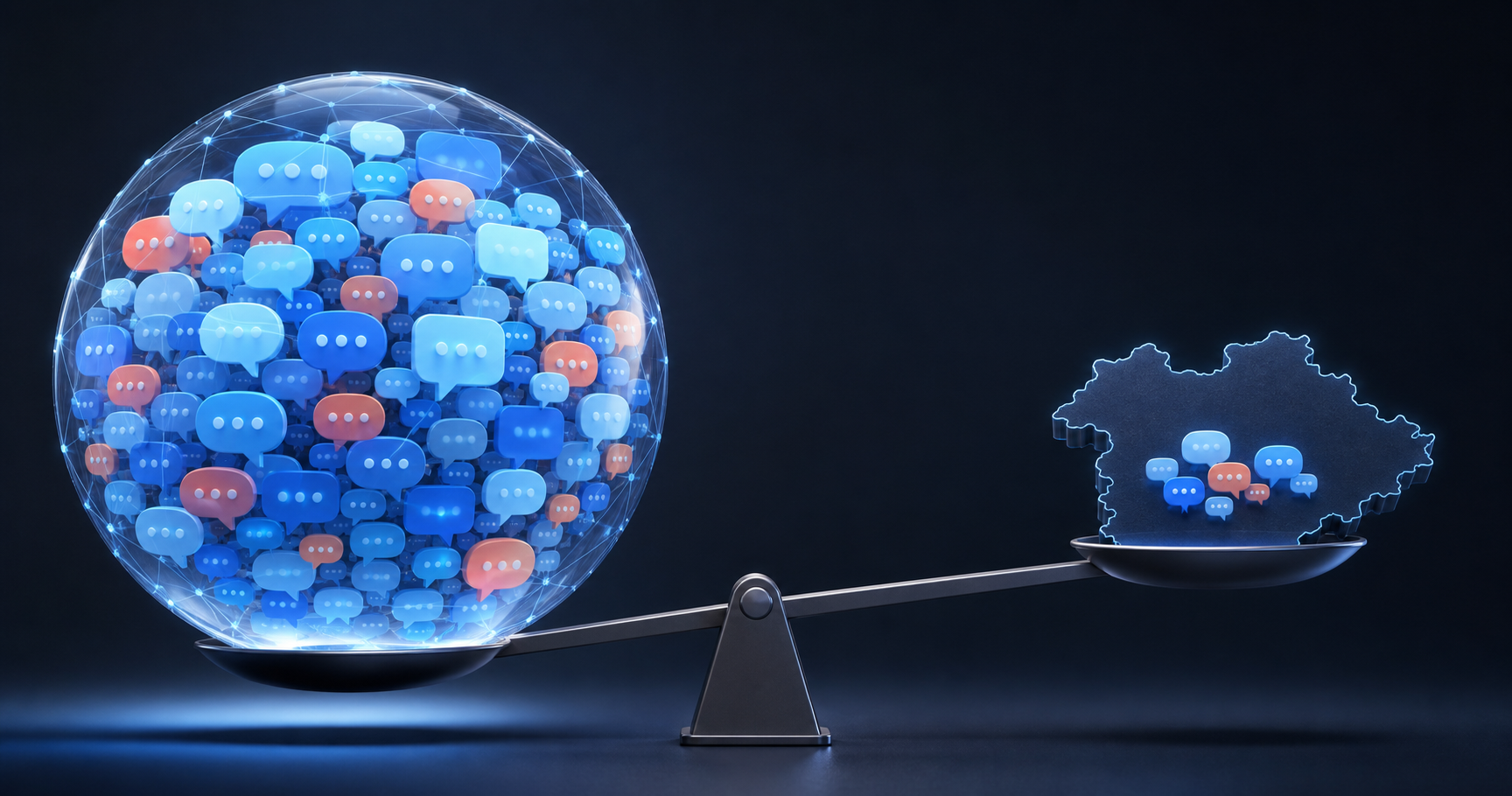 A large sphere of conversation bubbles outweighs a smaller geographically bounded cluster on a balance scale.