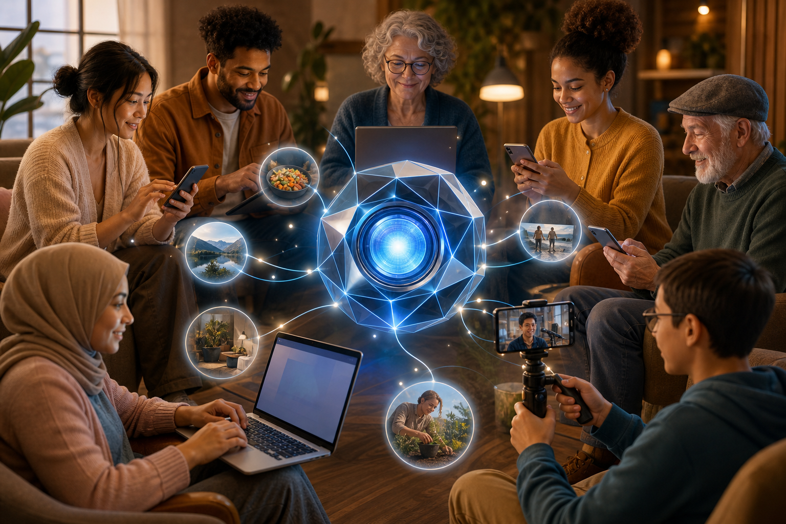 A diverse group shares posts and videos that flow through a central AI lens.