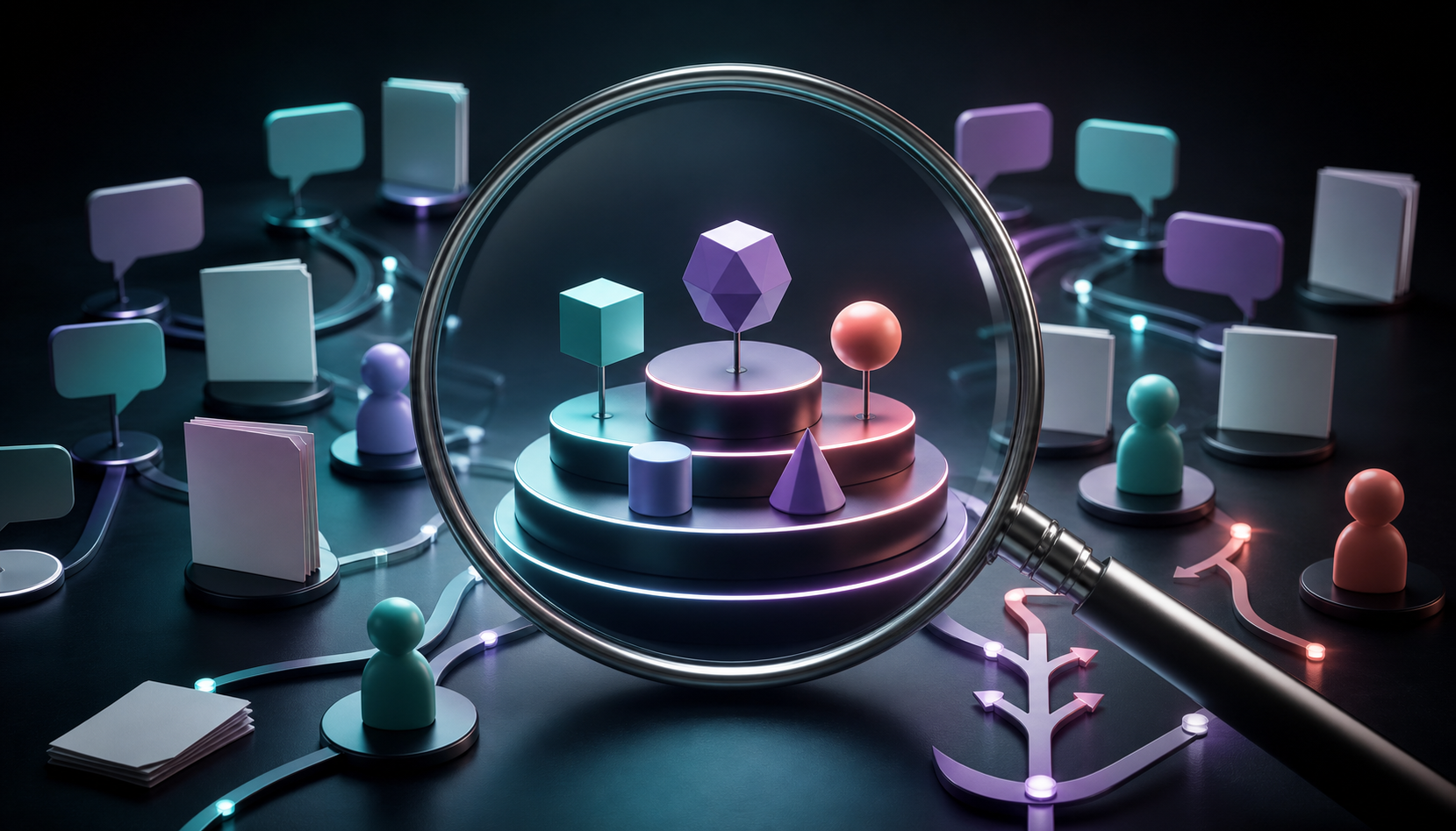 A transparent lens focuses on ranked geometric markers while broader audience, source, and pathway signals remain outside its view.