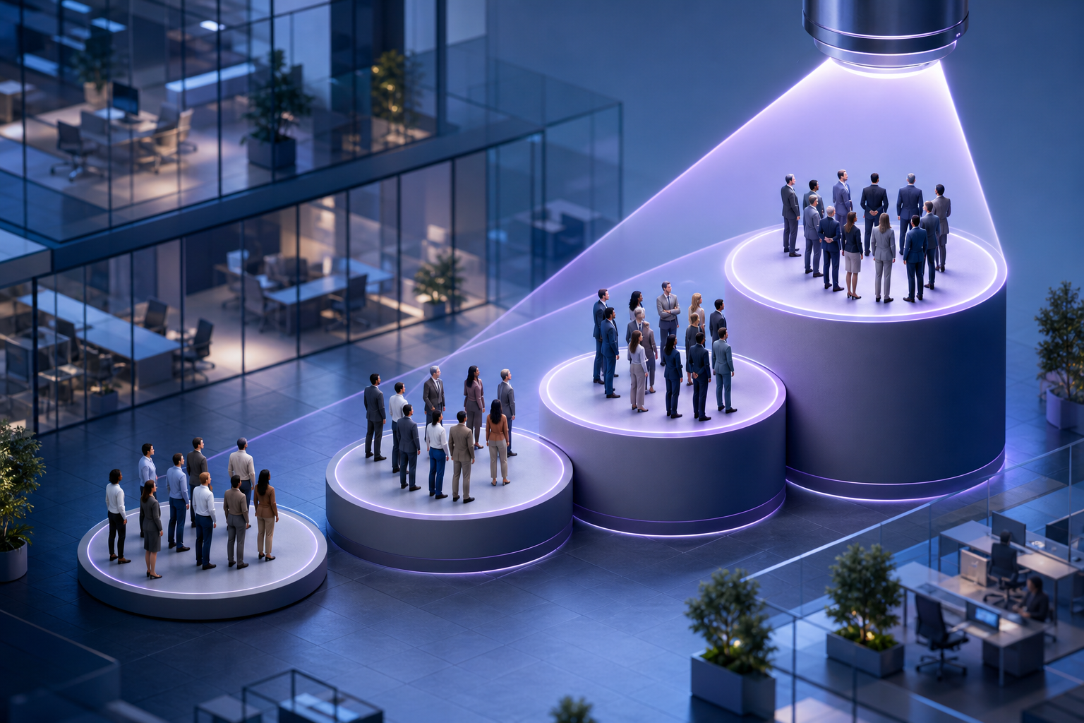 Anonymous professionals stand on tiered platforms while a targeting beam selects levels of seniority.