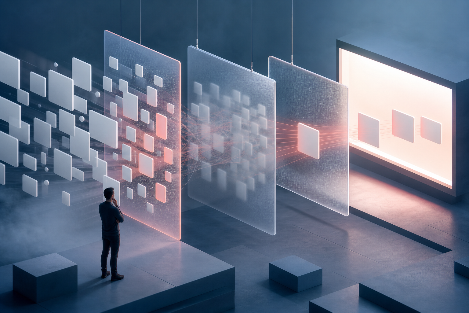 A user observes social content passing through three translucent filtering layers before reaching an AI answer.