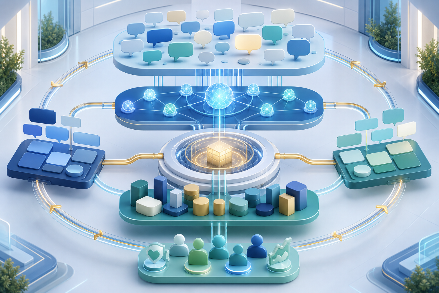 An isometric measurement hub connects question signals, AI nodes, brand objects, customer outcomes, paid-media tiles, and organic-content tiles.