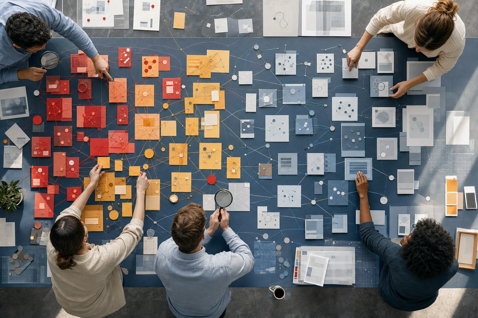 An overhead view of a team organizing abstract content, link, partnership, and workflow elements into different risk groups.