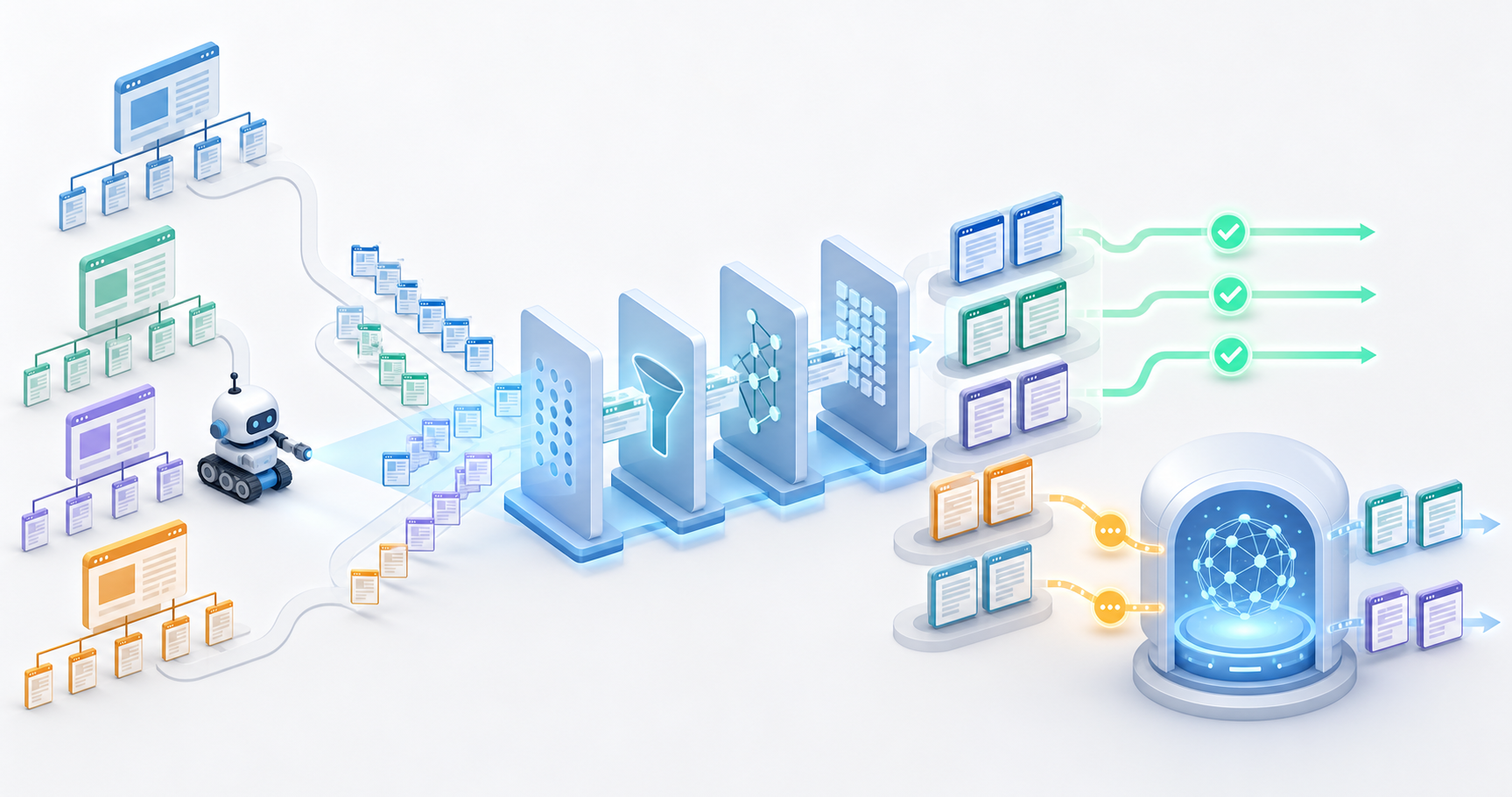 An isometric web crawler gathers pages from several site structures and routes them through filters into matched and uncertain groups.