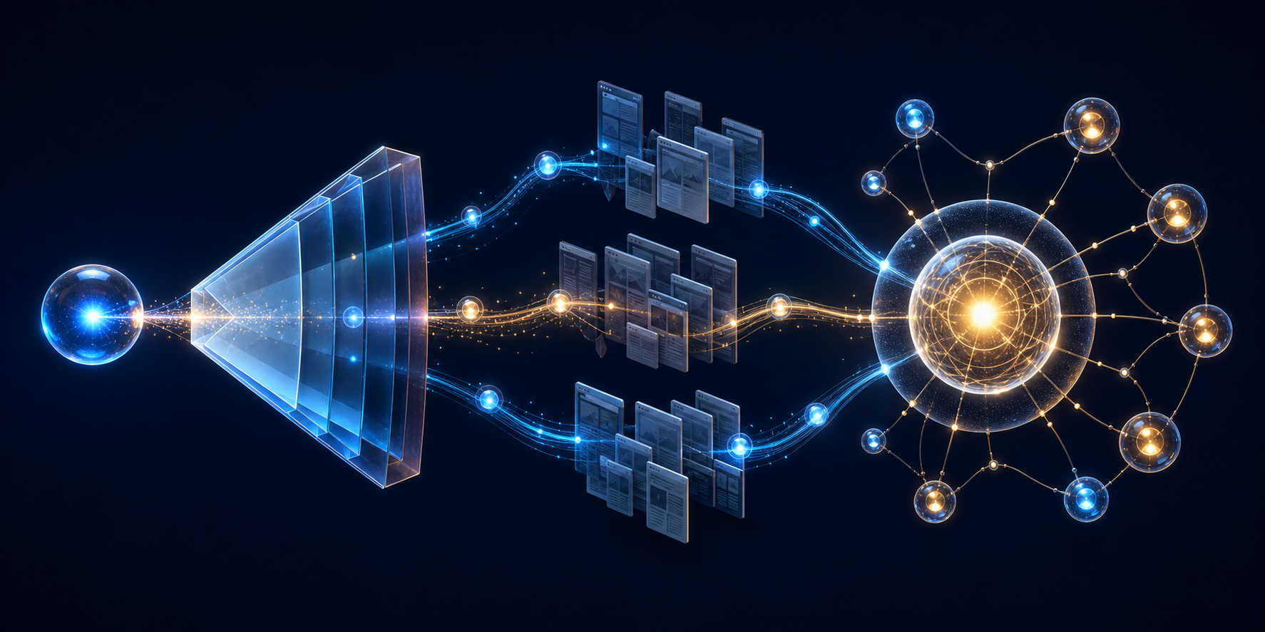 A glowing orb passes through layered pathways and web-page tiles before connecting to citation nodes around a central sphere.