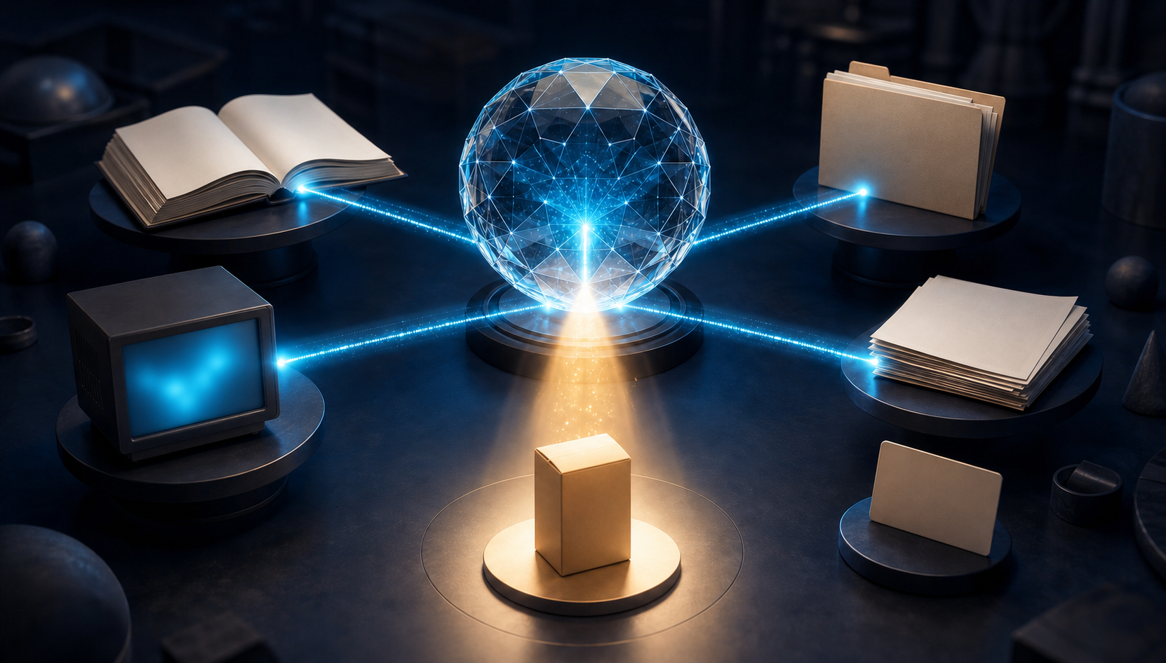 A glowing glass sphere receives light from several source objects and casts a spotlight on an unbranded product package.