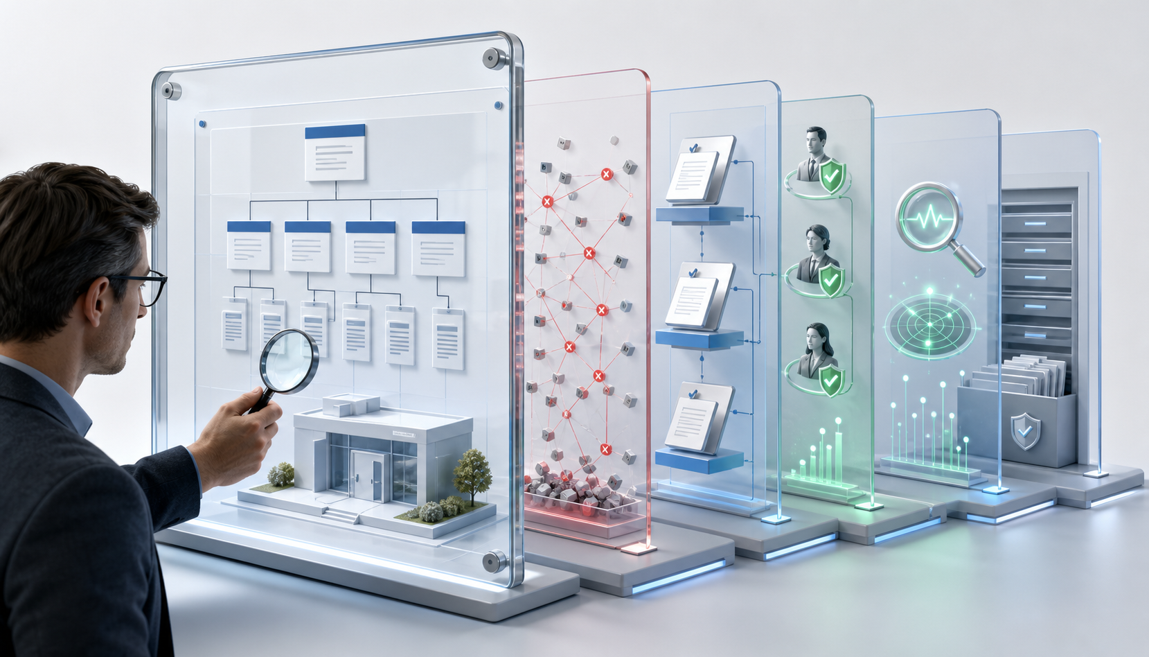 An investigator reviews layered website controls showing removed risky connections, approval gates, monitoring, and organized remediation evidence.